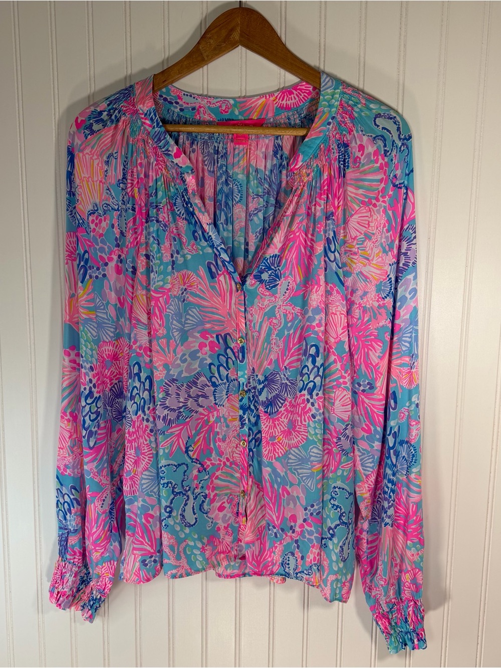 Lilly Pulitzer Nolena Long Sleeve Button-Up Top “Splendor In The Sand” XL